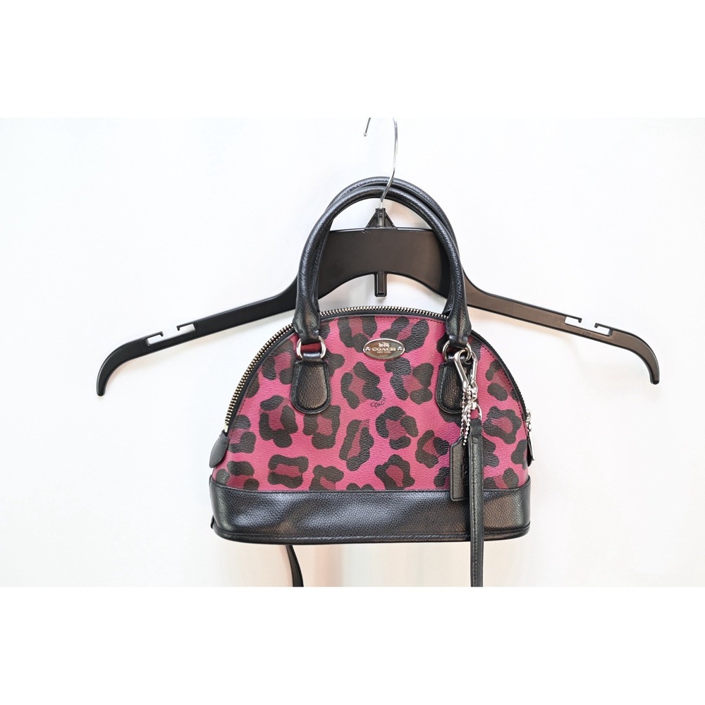 Coach Cora Mini Domed Satchel Pink Black Ocelot Leopard Print Crossbody Bag
